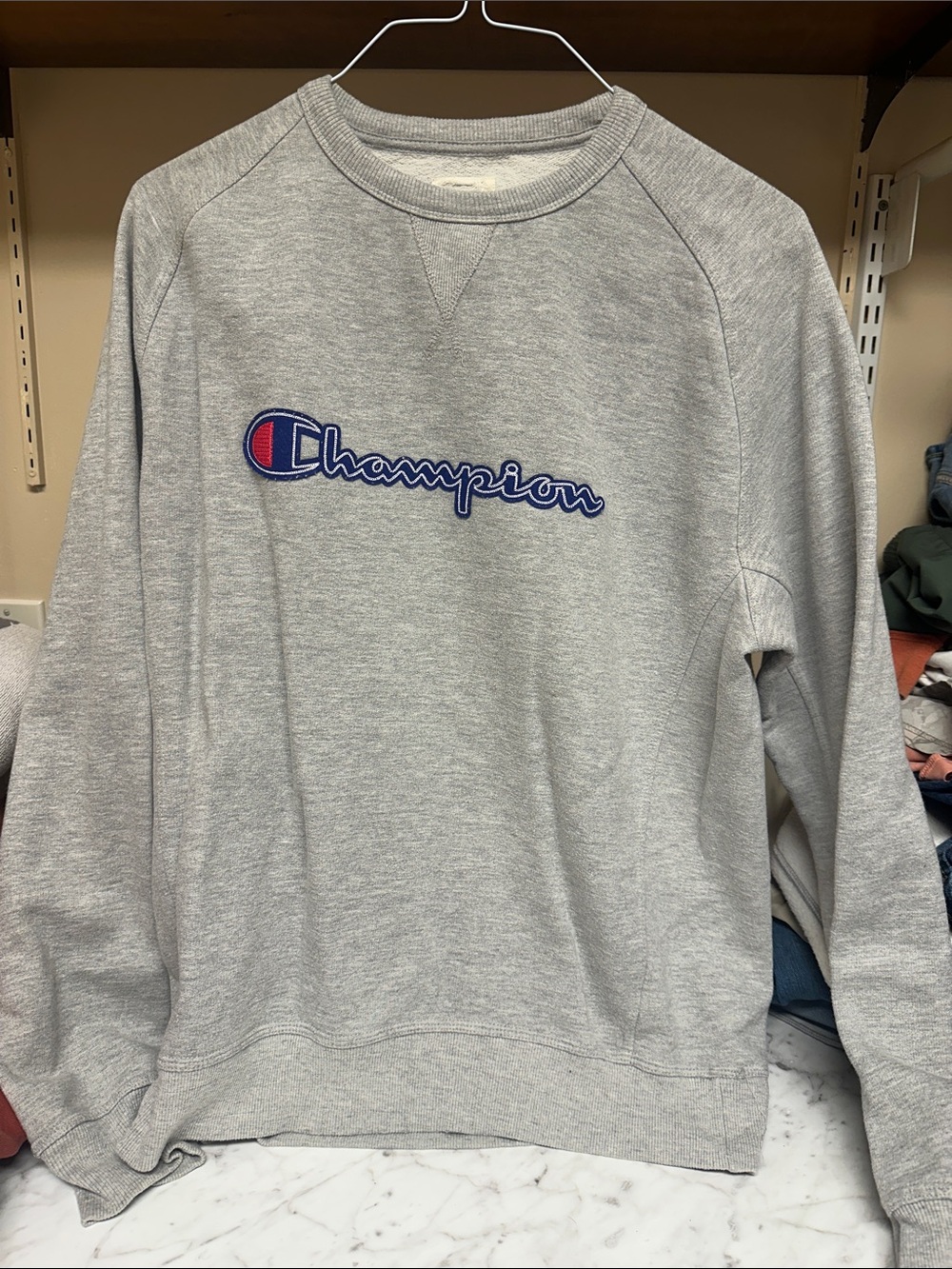 Champion Light Gray Crewneck with Blue & Red Logo